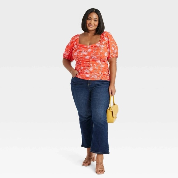 Women's Puff Short Sleeve Blouse - Ava & Viv™ Orange Floral 2X - Picture 3 of 5